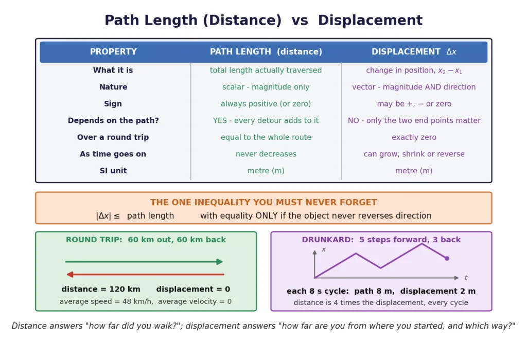 Comparison table of path length and displacement with round trip and drunkard cases