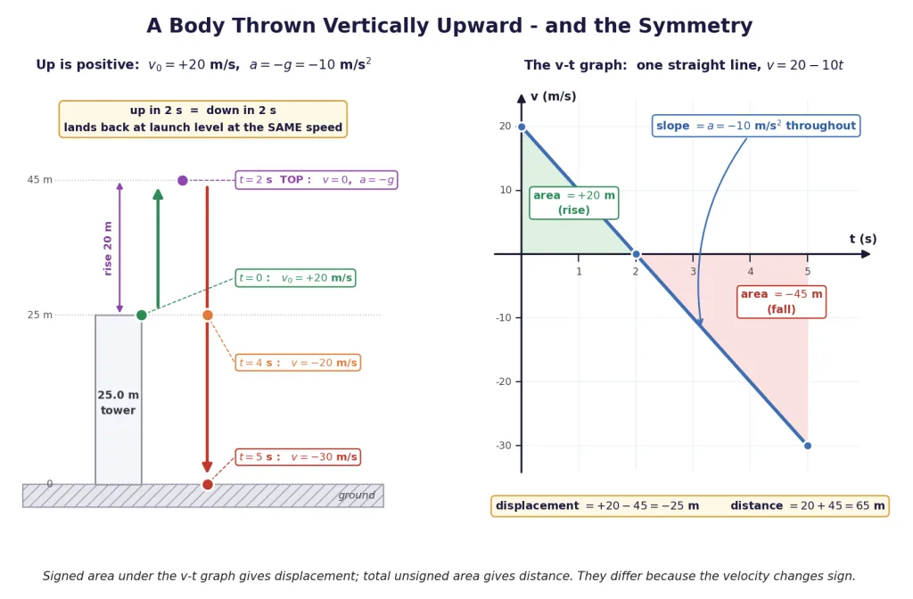 Vertical throw from a tower with symmetry marked and its v-t graph