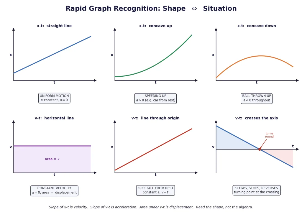 Six standard motion graph shapes each labelled with its situation