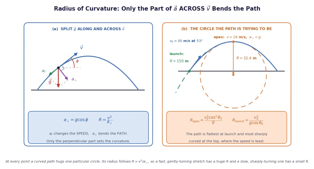 Acceleration split along and across the velocity, with osculating circles