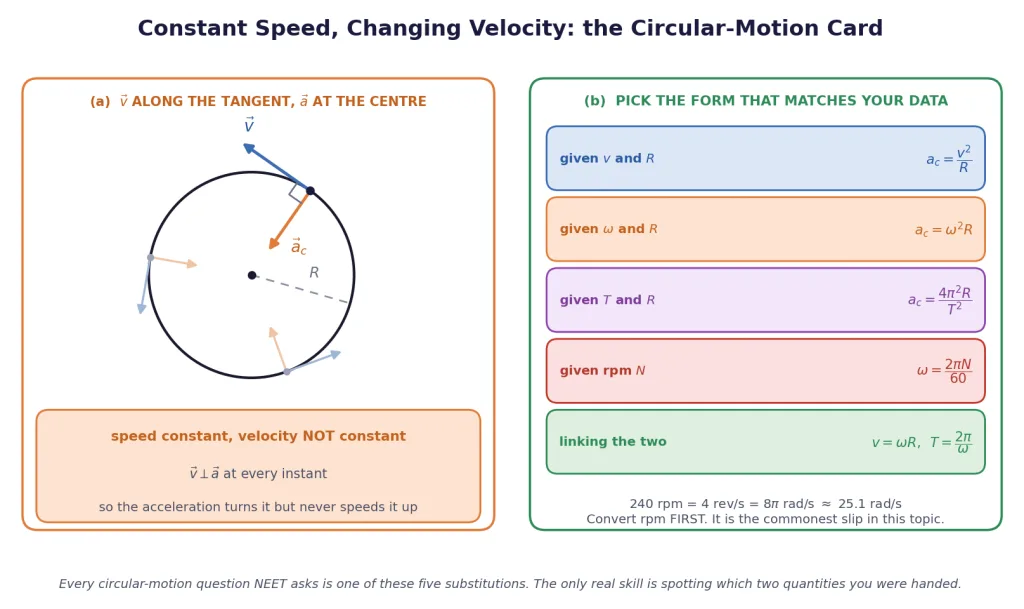 Circle showing tangential velocity and centripetal acceleration, with a formula card