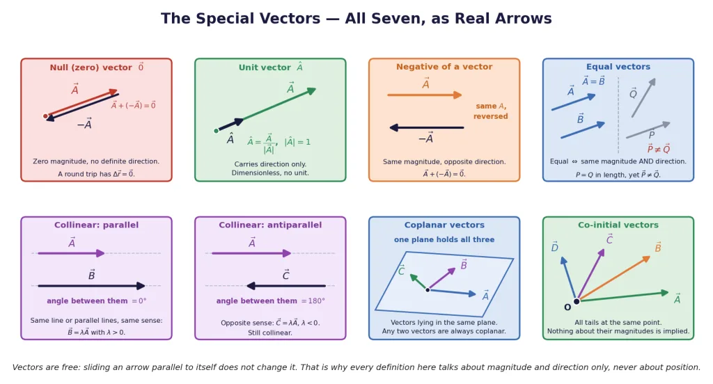 Null, unit, negative, equal, collinear, coplanar and co-initial vectors