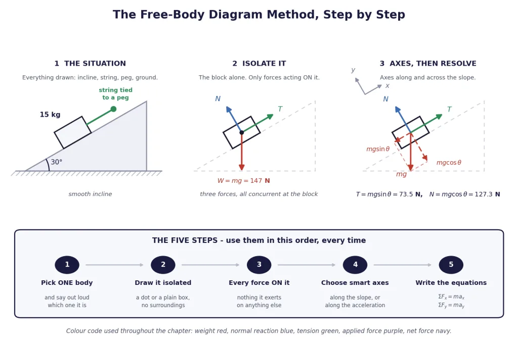 The free-body diagram method shown in three stages on an inclined plane