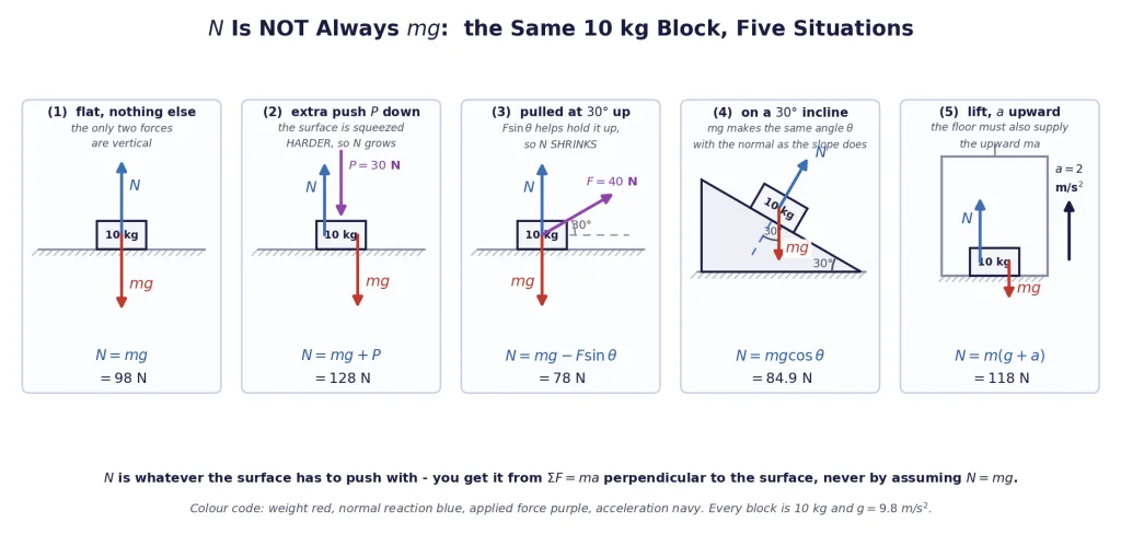 Five free-body diagrams showing how the normal reaction changes with the situation