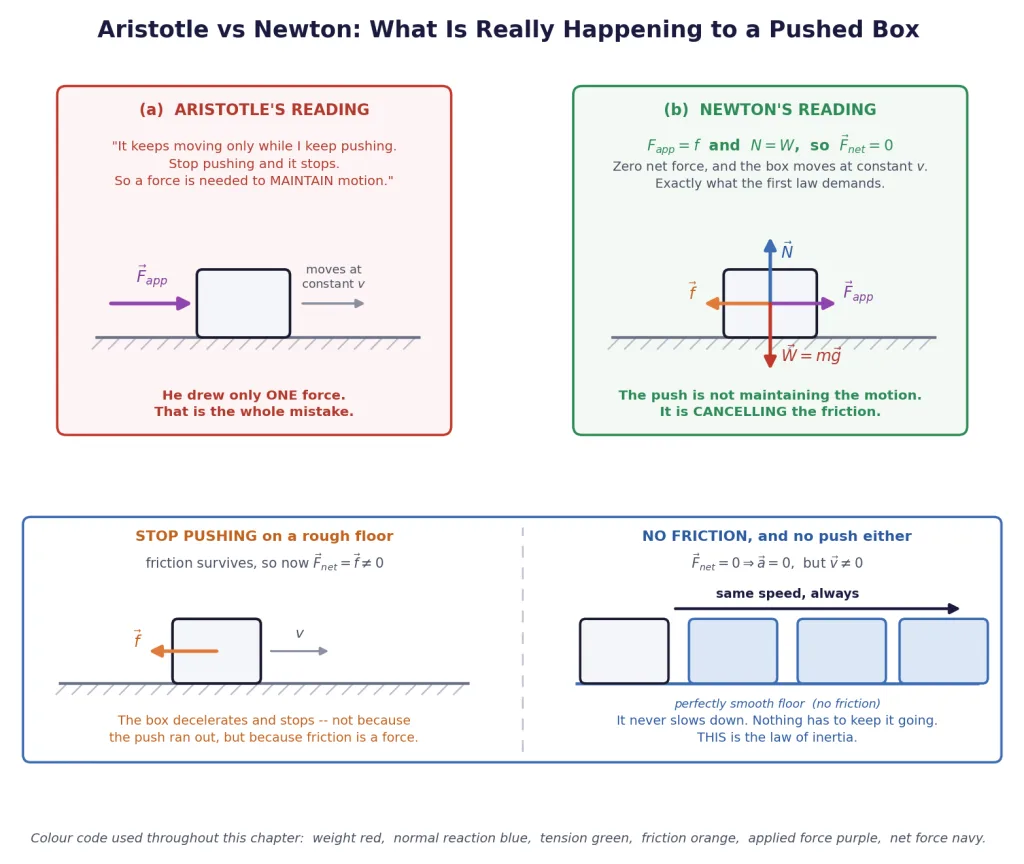 Aristotle vs Newton: FBD of a box pushed at constant velocity with balanced forces