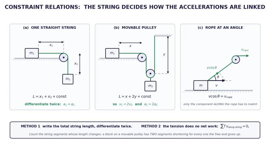 Three constraint set-ups: straight string, movable pulley and rope at an angle