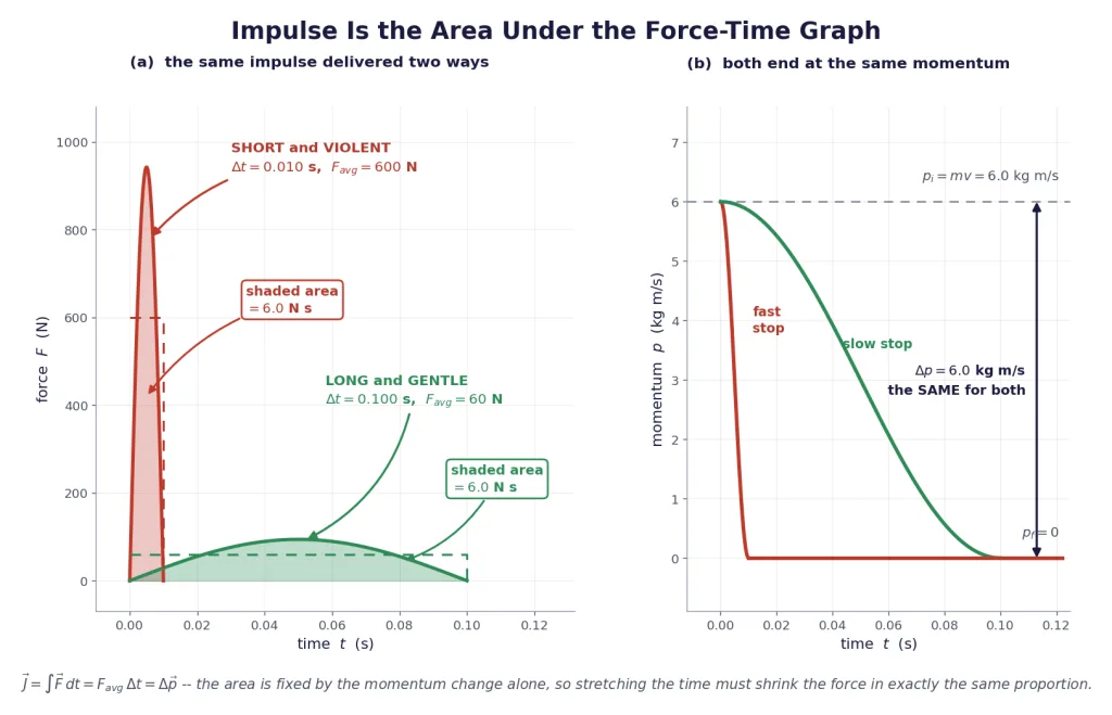 Two force-time pulses with equal shaded areas and the resulting equal momentum change