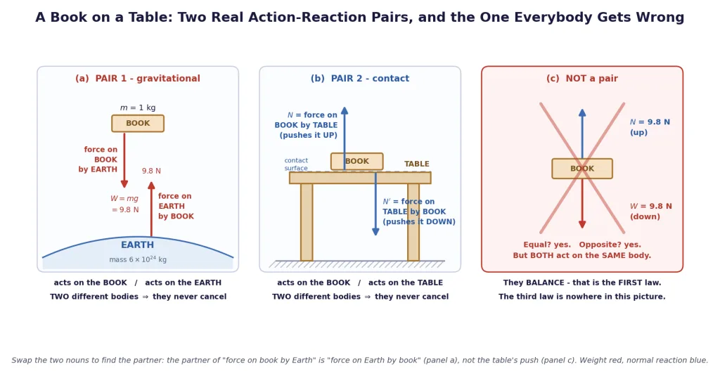 Book on a table: the gravitational pair, the contact pair, and the wrong pairing