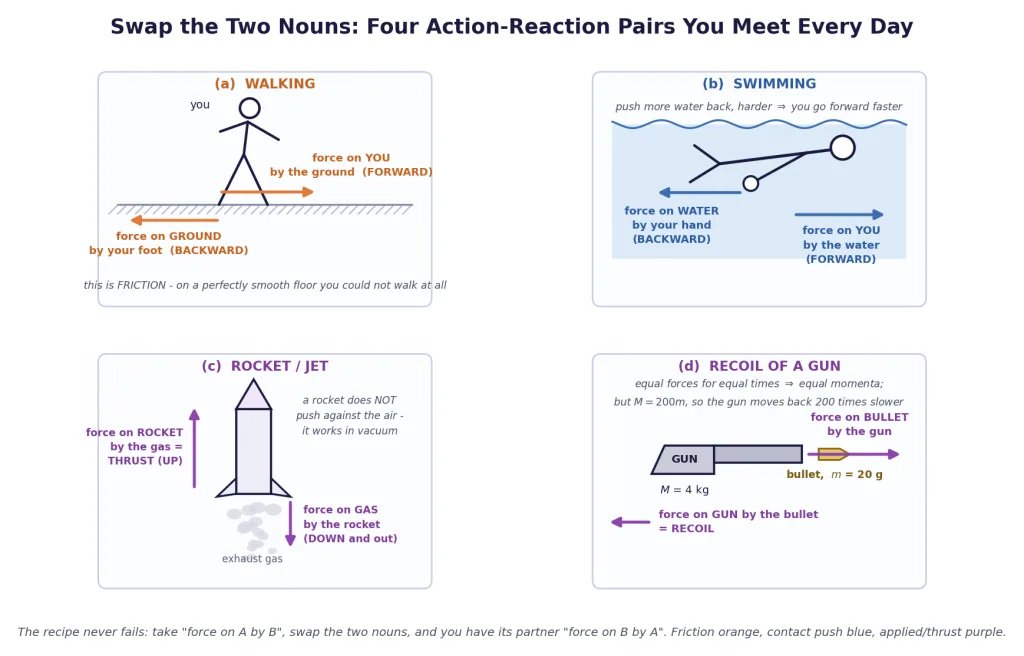 Swap-the-nouns recipe applied to walking, swimming, a rocket and gun recoil