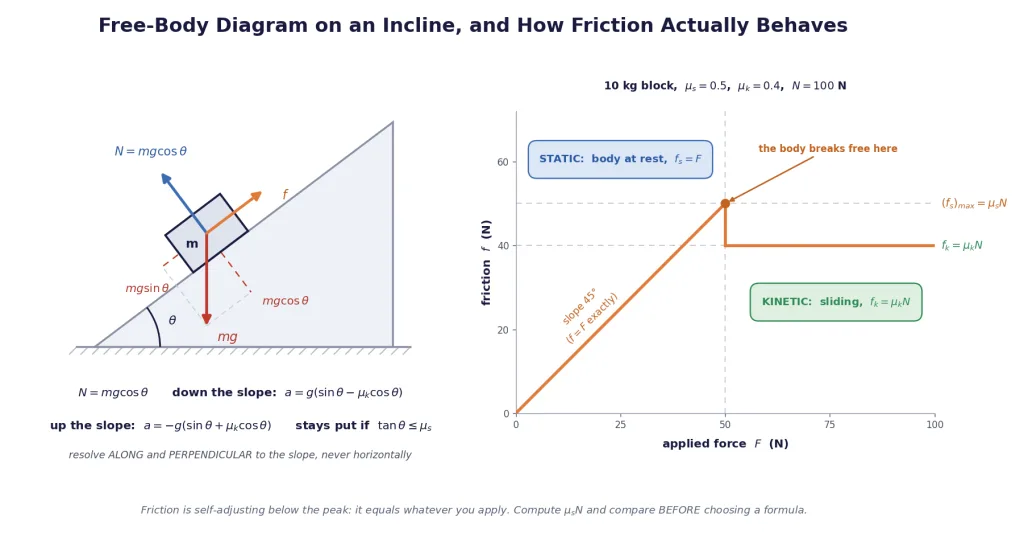 Revision card: incline free-body diagram and the friction versus applied force graph
