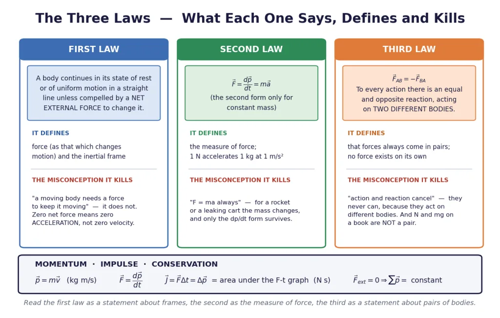Revision card: the three laws, what each defines and the misconception each kills