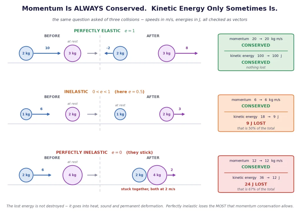Three collisions compared: momentum always conserved, KE only sometimes