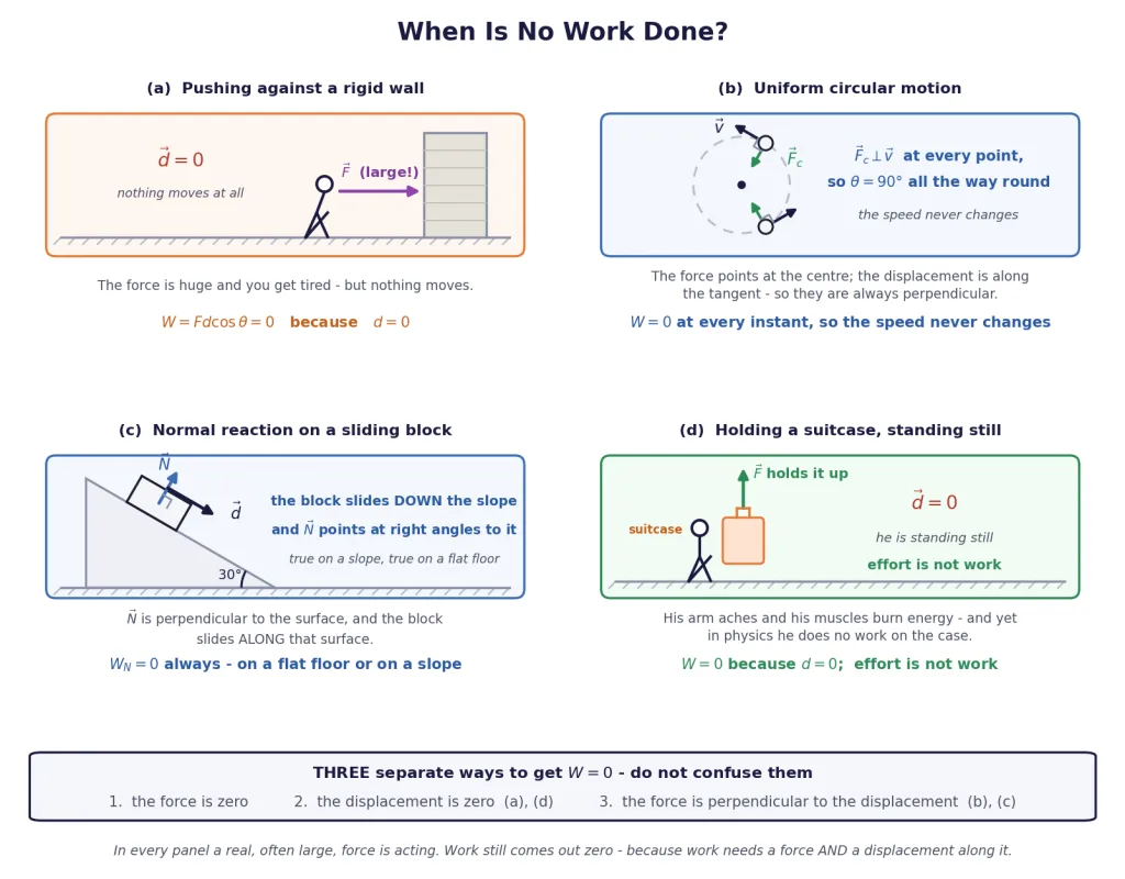 No work done: rigid wall, circular motion, normal reaction, held suitcase