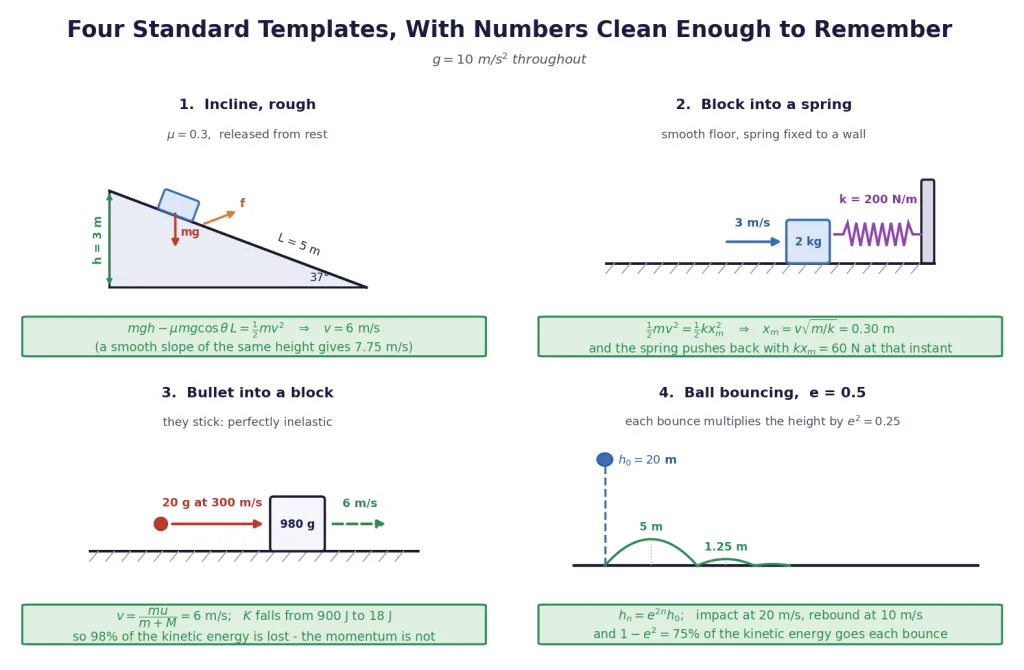 Four NEET templates: rough incline, spring, bullet in block, bouncing ball