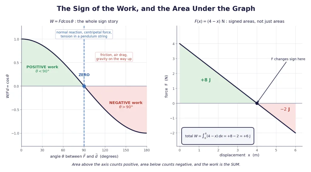 Revision card: the three signs of work, and signed areas under an F-x graph