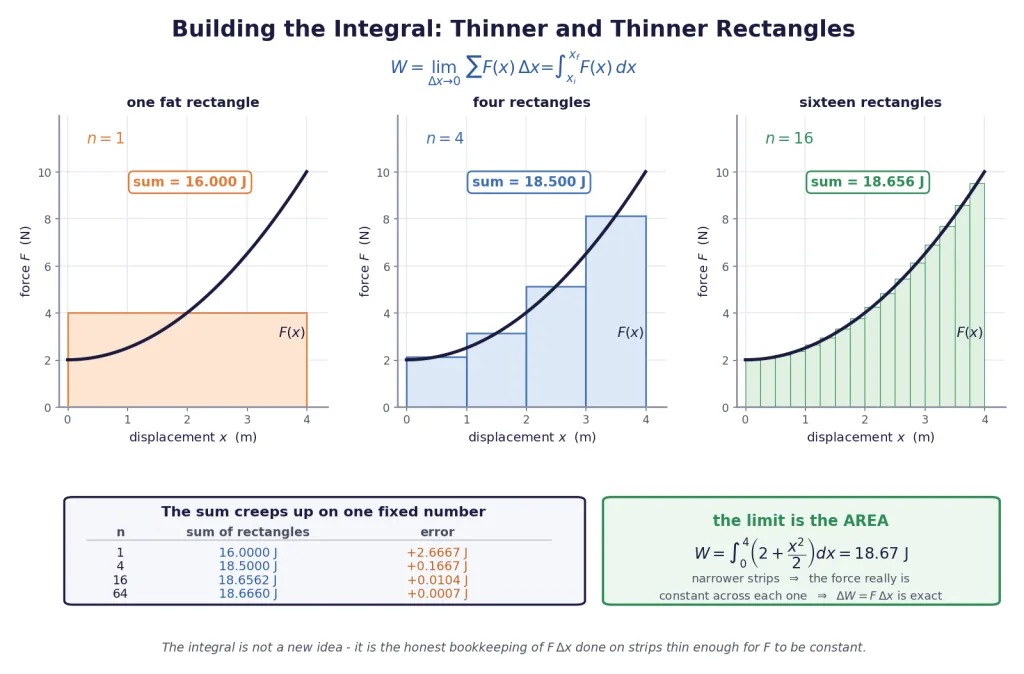 Rectangles under a force curve getting thinner until their sum becomes the integral