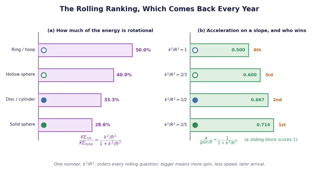 Rolling bodies ranked by energy share, acceleration and finishing order