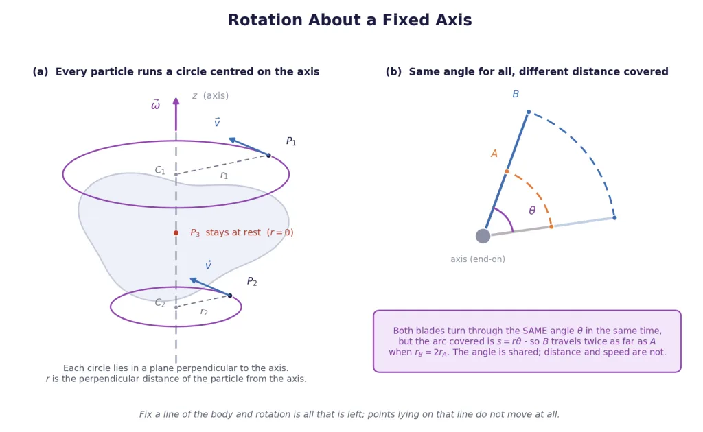 Rigid body rotating about z-axis; circles centred on axis; axis point at rest