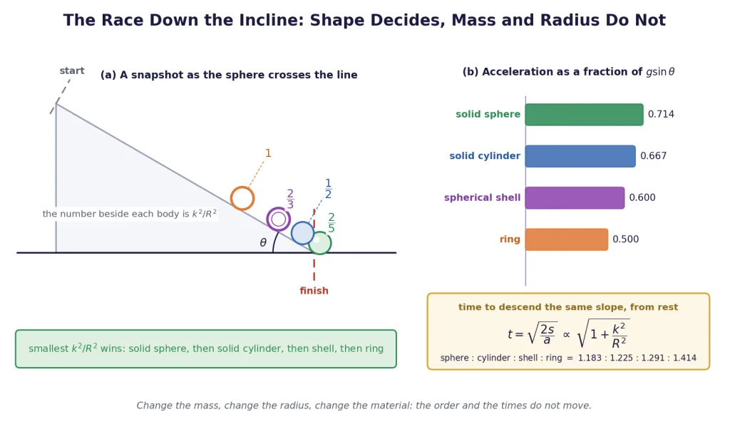 Four bodies racing down an incline ordered by shape factor
