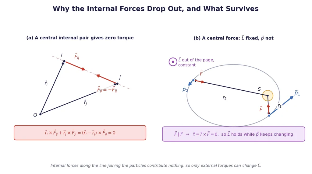 Internal force pair cancelling, and a central force keeping L constant
