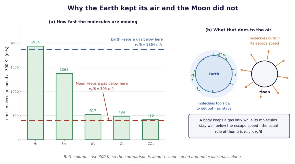 Molecular speeds of five gases against Earth and Moon retention thresholds