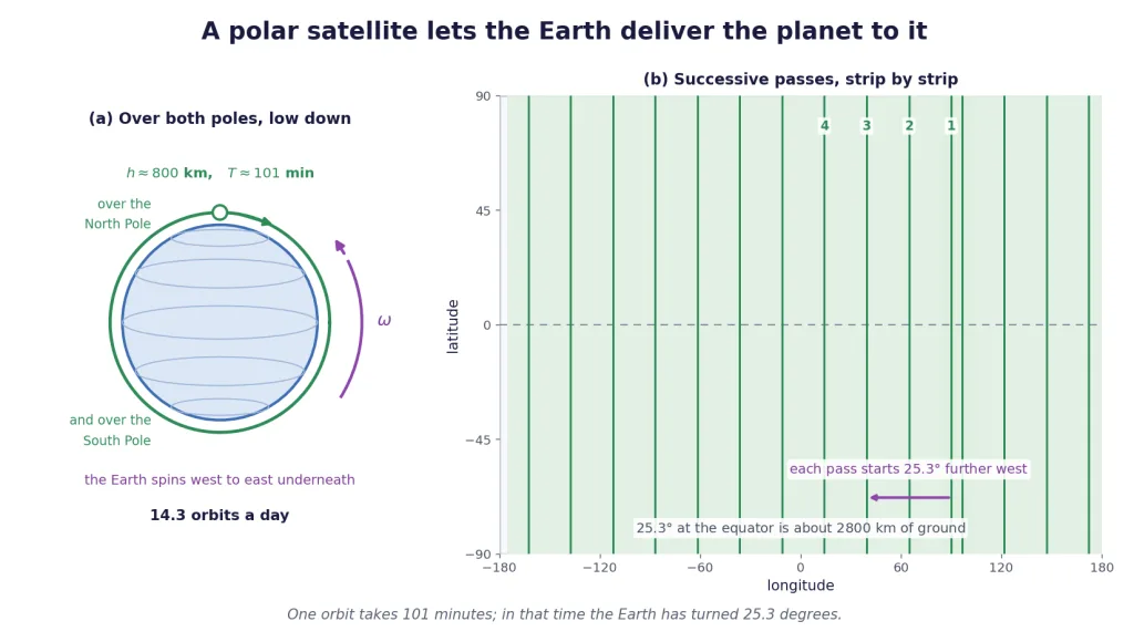 Polar orbit over both poles and the strips its successive passes sweep