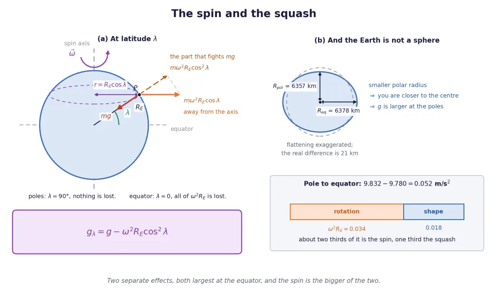 Rotating Earth at latitude lambda with centrifugal force resolved along the radius