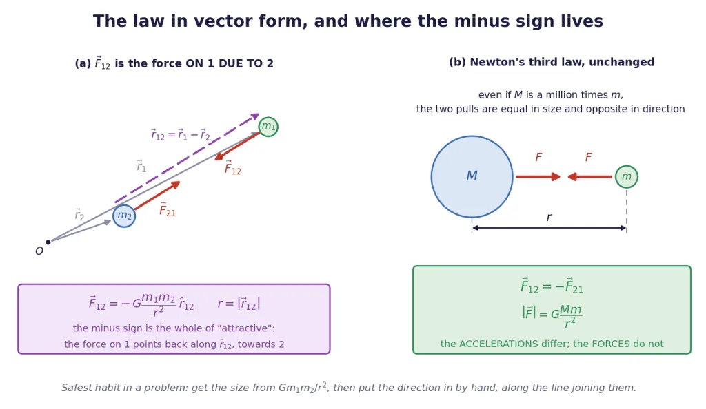 Separation vector, unit vector and the equal and opposite force pair