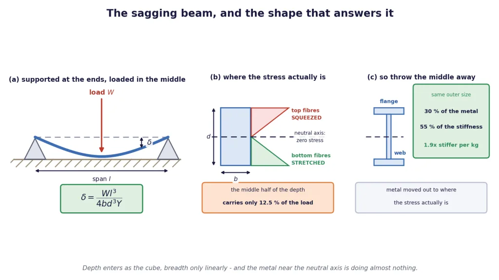 Beam sag geometry, bending stress across the depth, and the resulting I-section