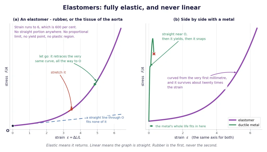 Elastomer curve with huge strain and no straight part, beside a metal curve