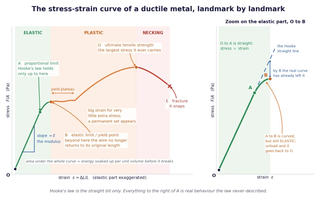 Annotated stress-strain curve of a ductile metal with every landmark labelled
