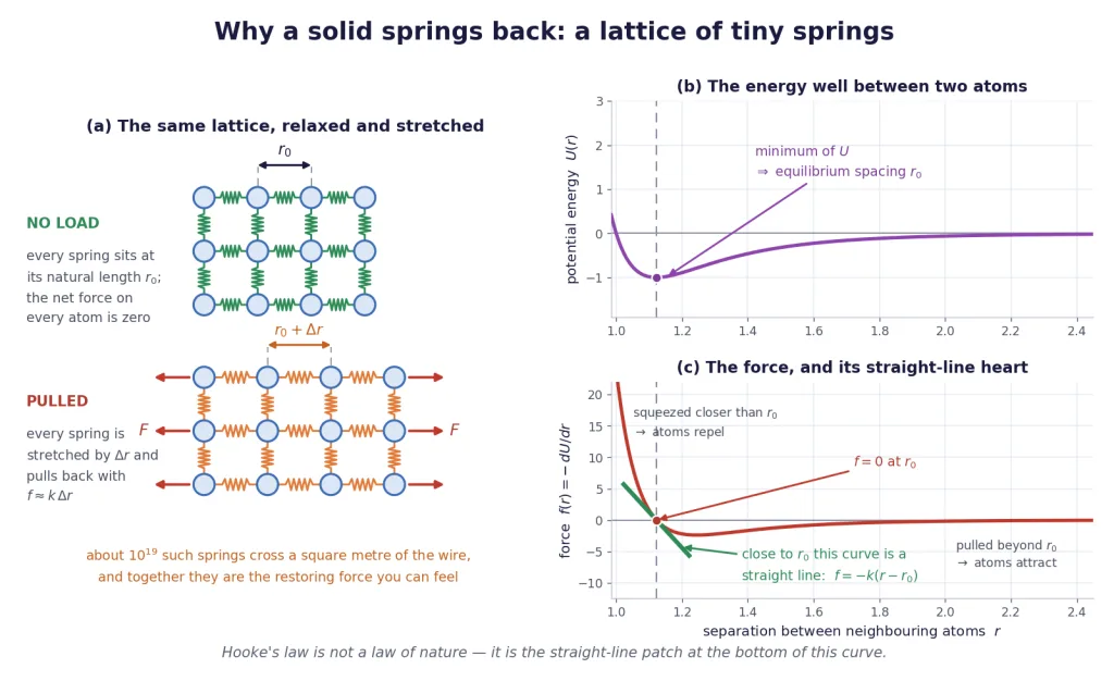 Lattice of atoms joined by springs, with interatomic potential and force curves