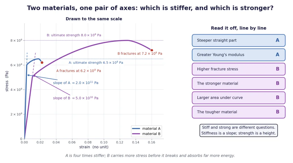 Two stress-strain curves at the same scale, one steep and one long