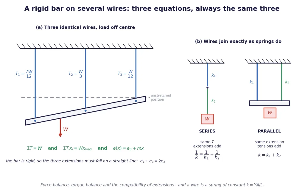 Rigid bar on three wires with force, torque and compatibility, plus series and parallel