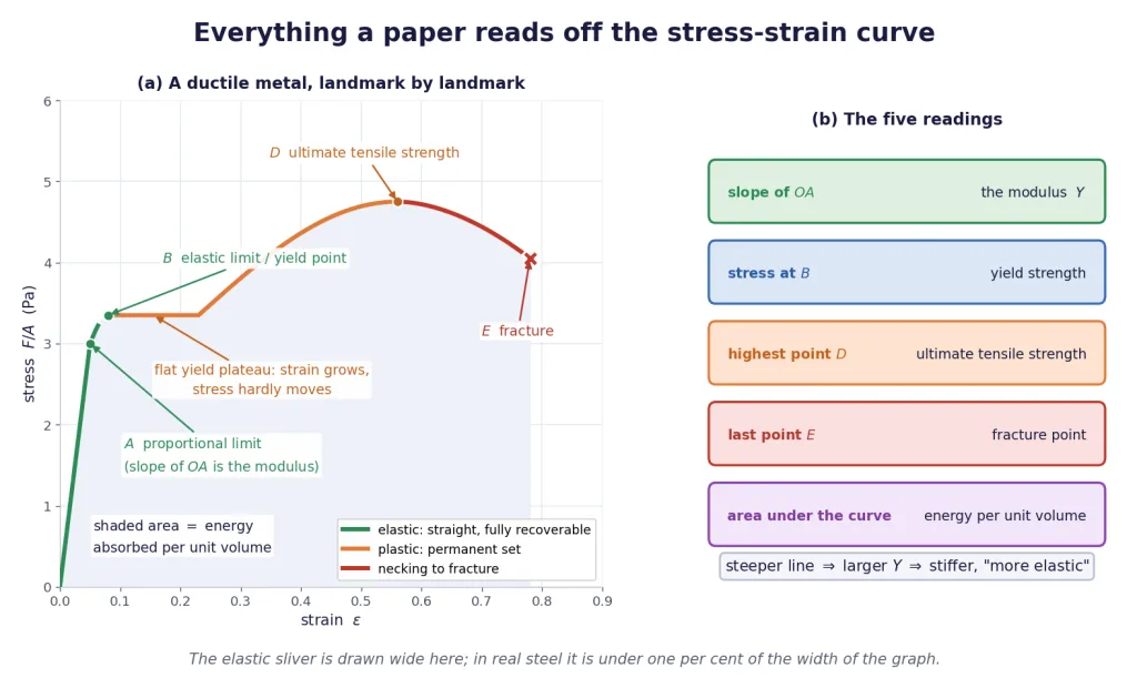 Annotated stress-strain curve of a ductile metal beside its five standard readings