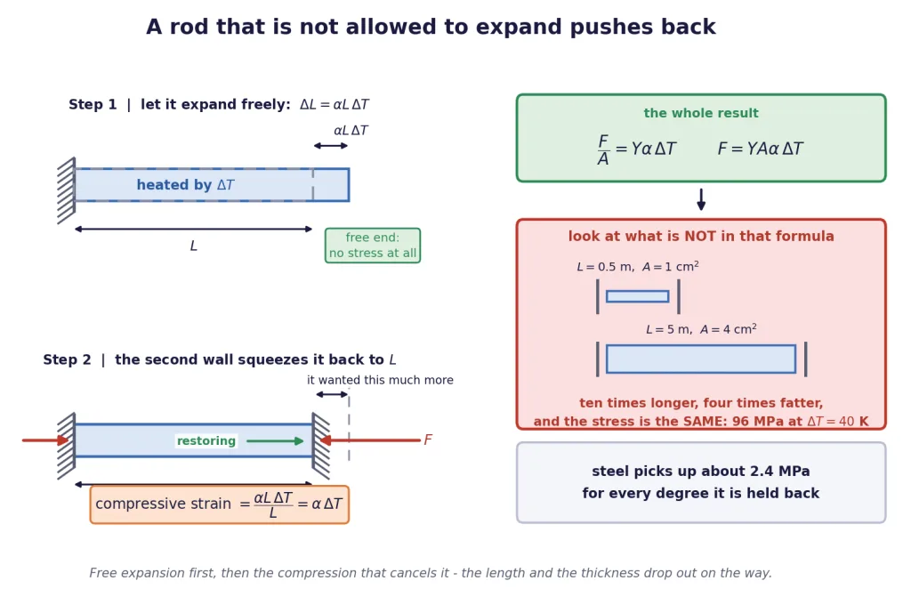 Free thermal expansion, then walls squeezing the rod back, giving the stress formula