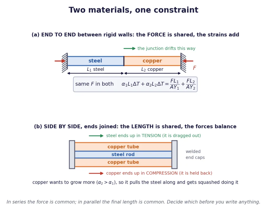 Composite rod in series between walls, and a steel rod inside a copper tube