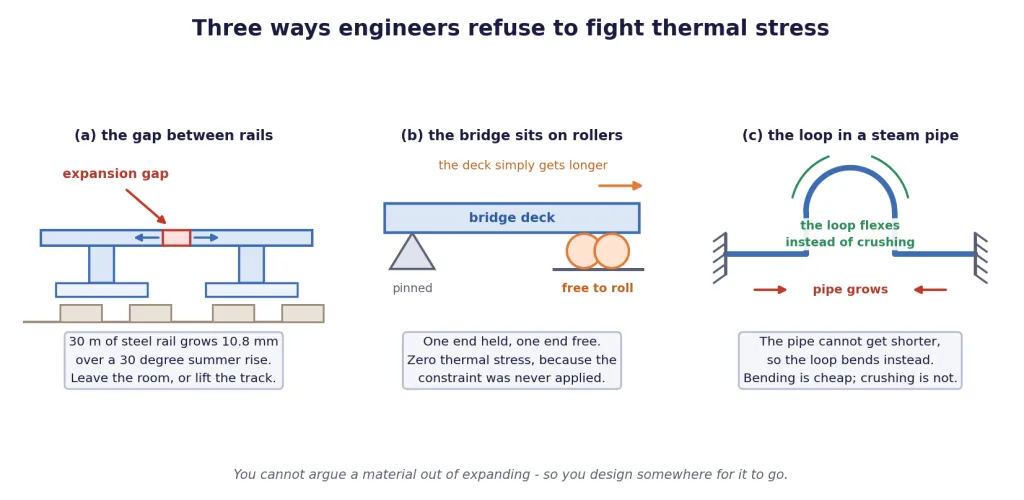 Rail expansion gap, bridge roller bearing and steam-pipe expansion loop
