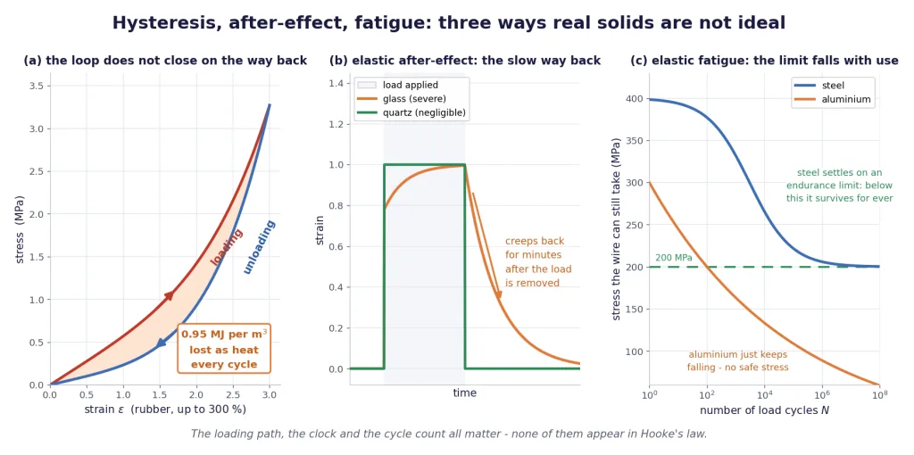 Rubber hysteresis loop with shaded area, after-effect curves and fatigue curve