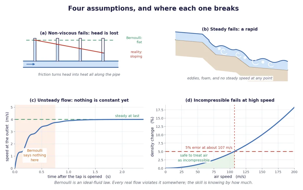Four panels showing viscous, turbulent, unsteady and compressible failures of Bernoulli