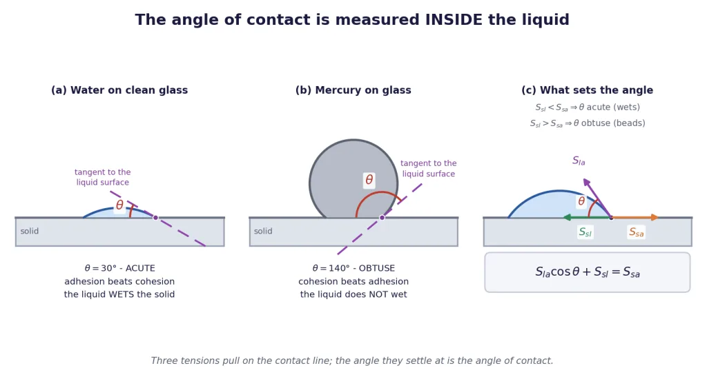 Water drop at 30 degrees and mercury drop at 140 degrees, with interfacial tensions