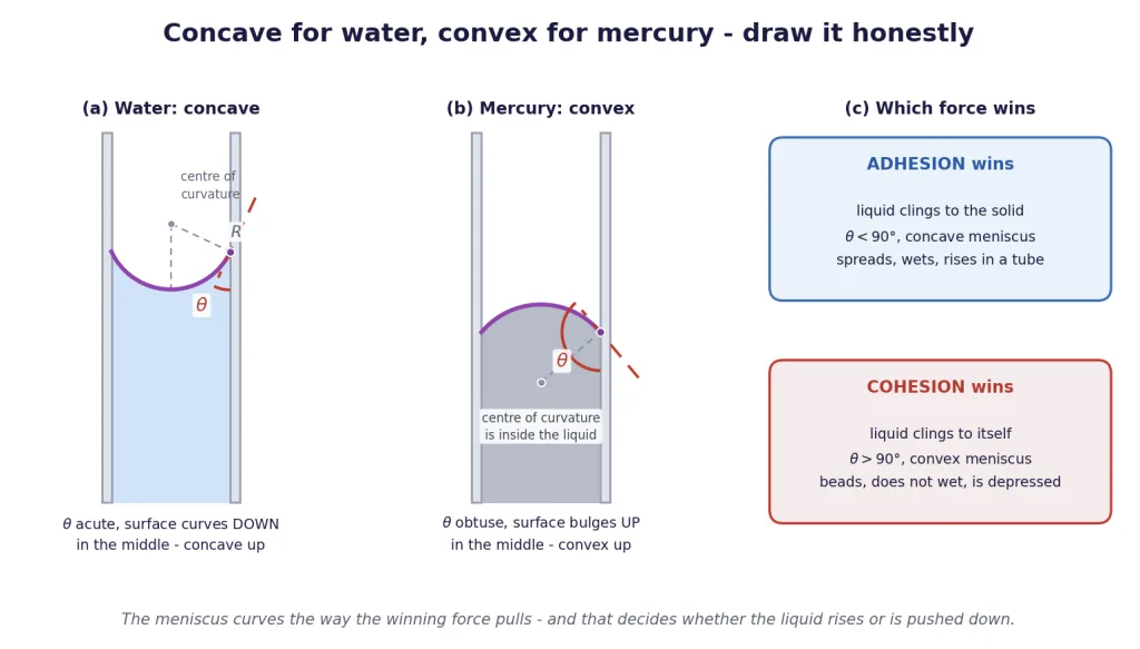 Concave water meniscus, convex mercury meniscus, cohesion versus adhesion
