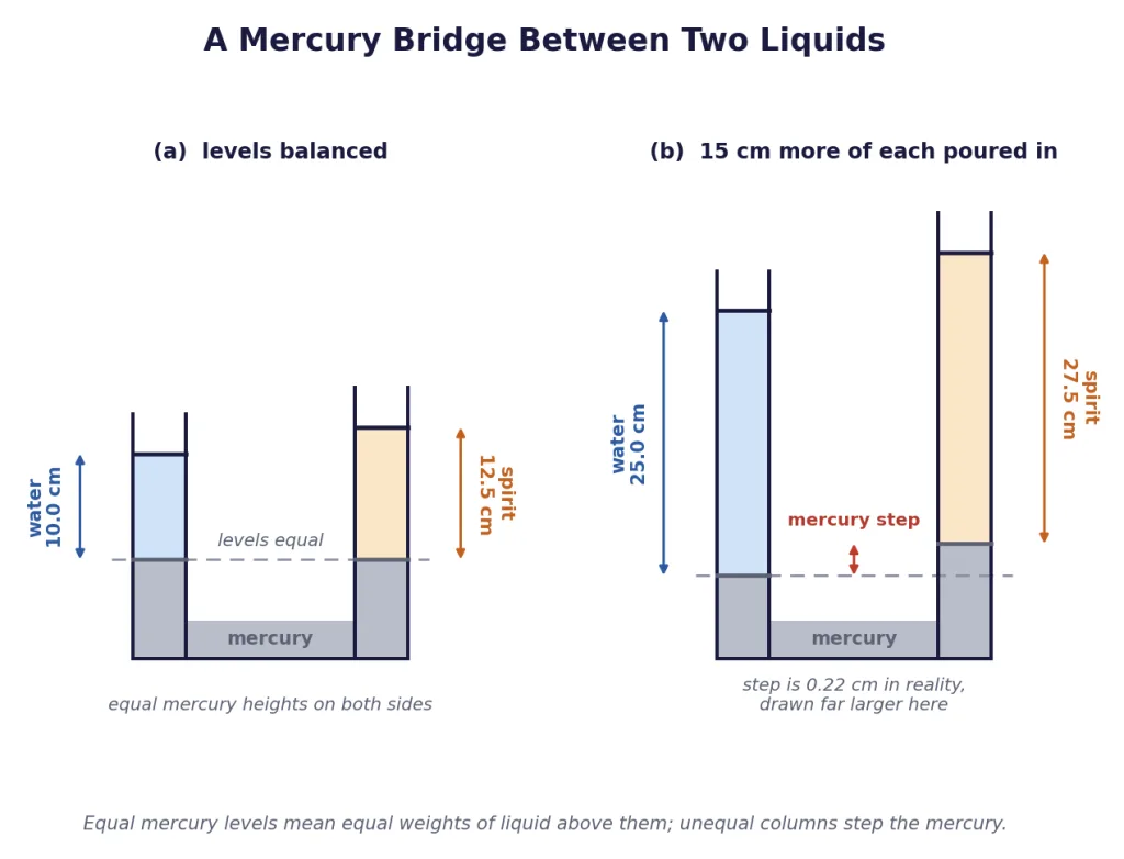 U-tube with mercury in the bend, water and spirit in the arms