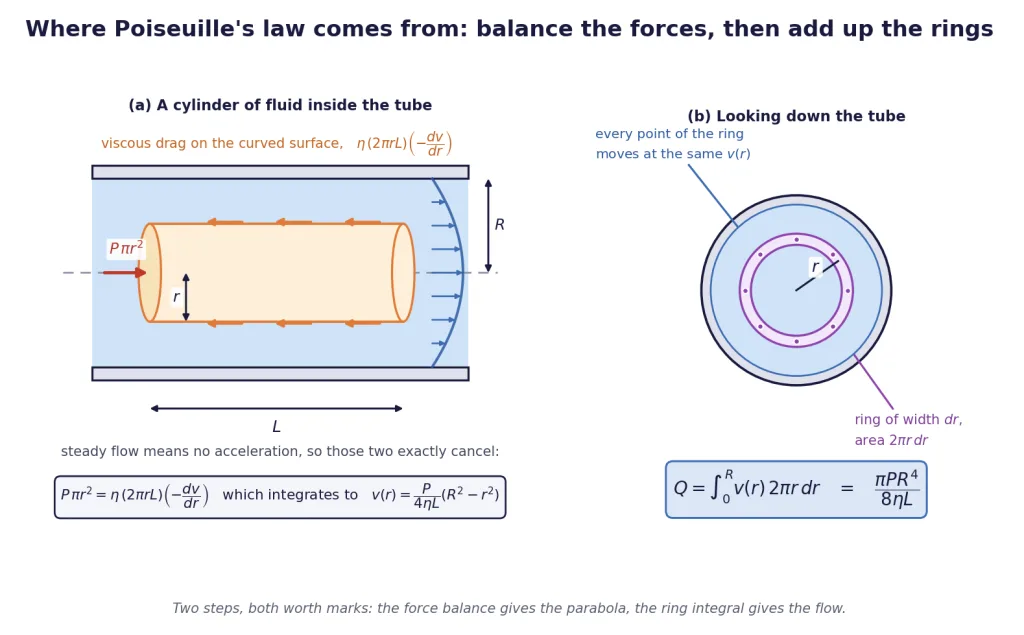 Force balance on a coaxial cylinder and the ring integration that gives Poiseuille flow