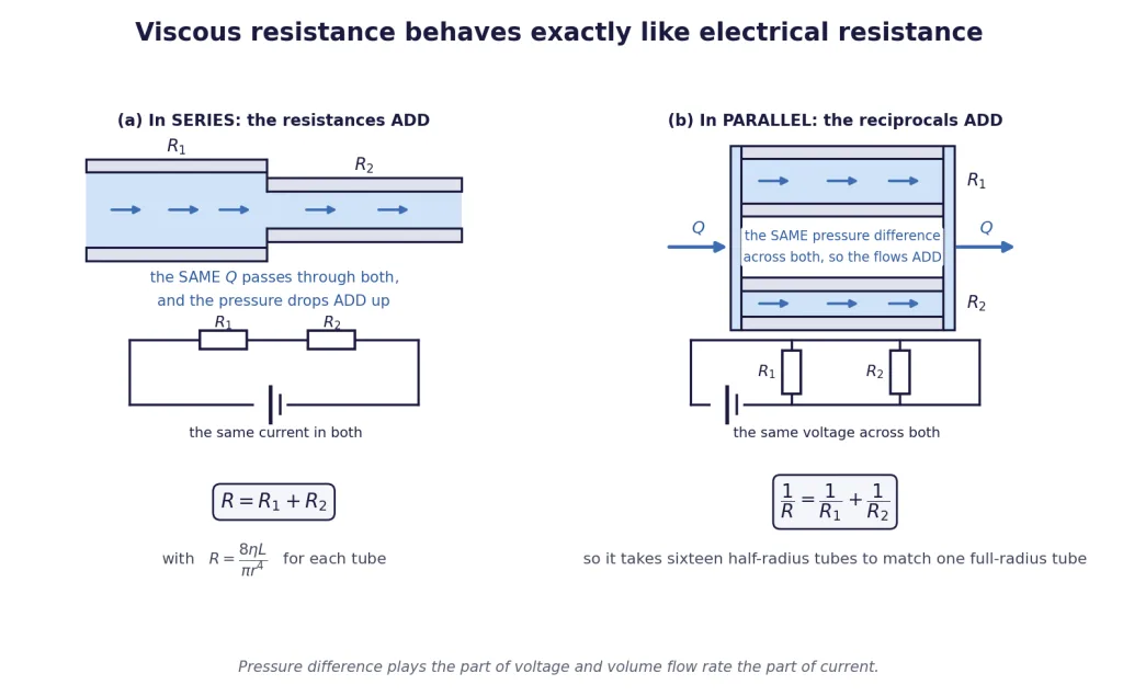 Tubes in series and parallel beside the equivalent electrical circuits