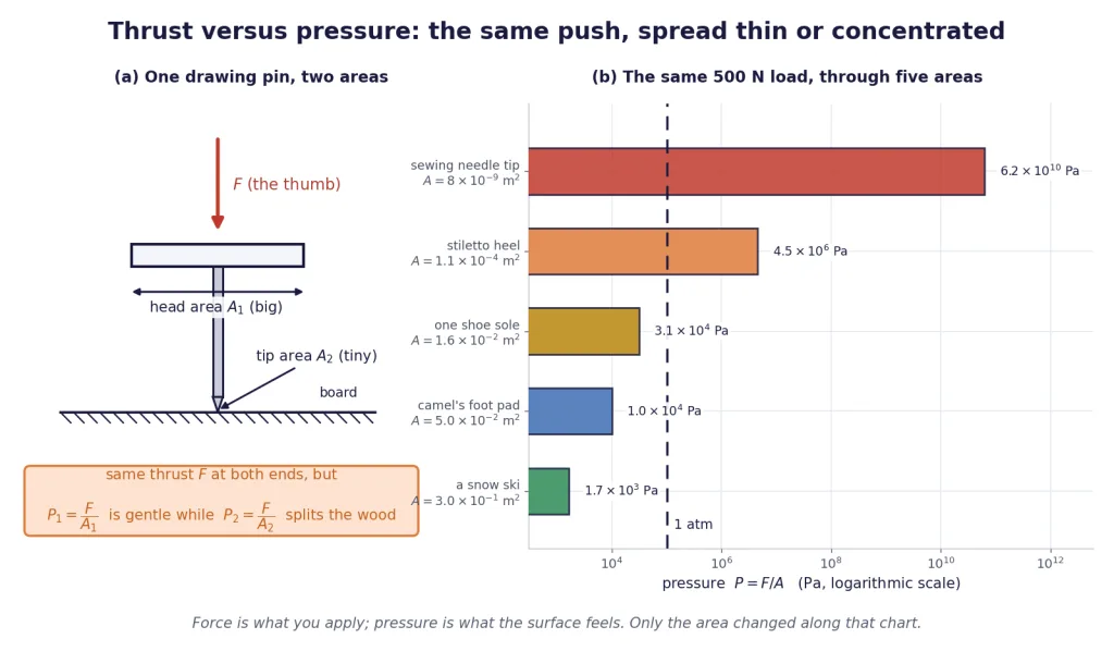 Drawing pin head versus tip, with a log chart of pressure