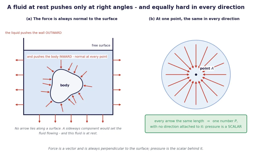 Fluid pushes normal to every surface; pressure equal in all directions at a point