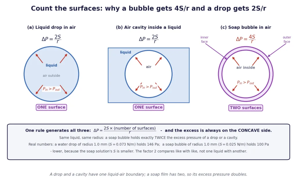 Drop cavity and soap bubble compared, one surface against two