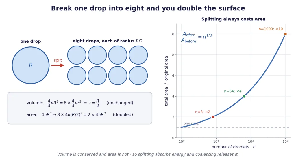 One drop splitting into eight, with area ratio graph