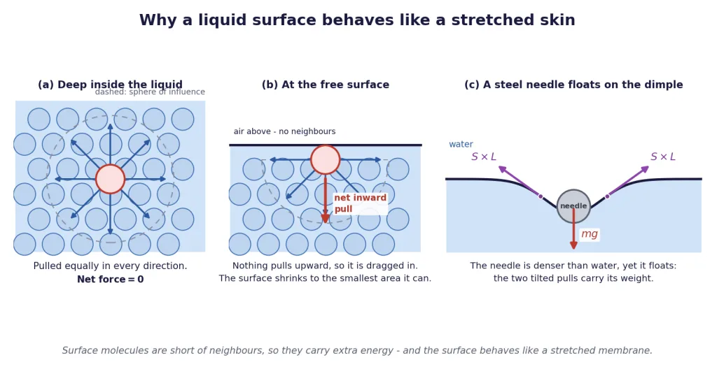 Bulk molecule pulled equally, surface molecule pulled inward, needle on dimple